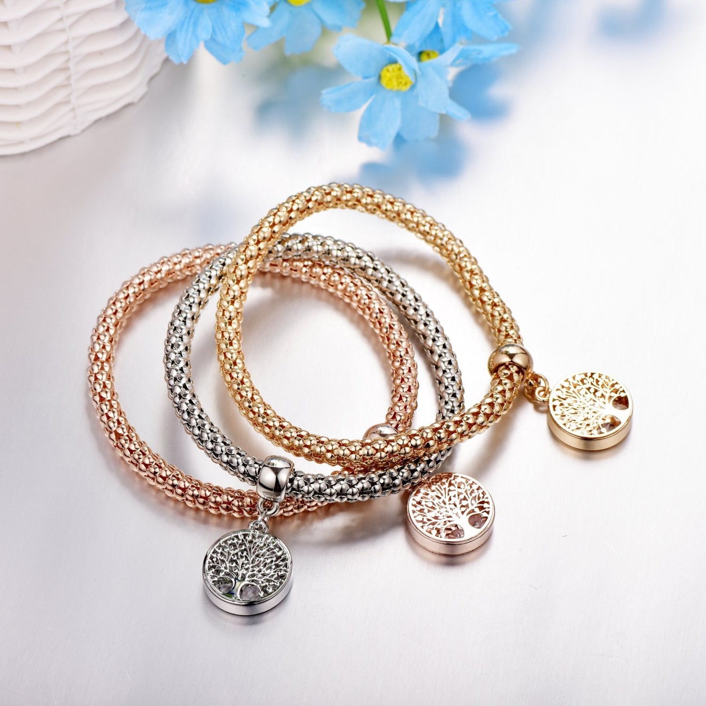 SILANER Crystal Charms Multilayer Bracelets - 3PCS Gold/Silver/Rose Gold Corn Chain Bracelet for Women, Tree of Life Heart Shaped Stretch Bracelet(Tree of Life Round Charm)