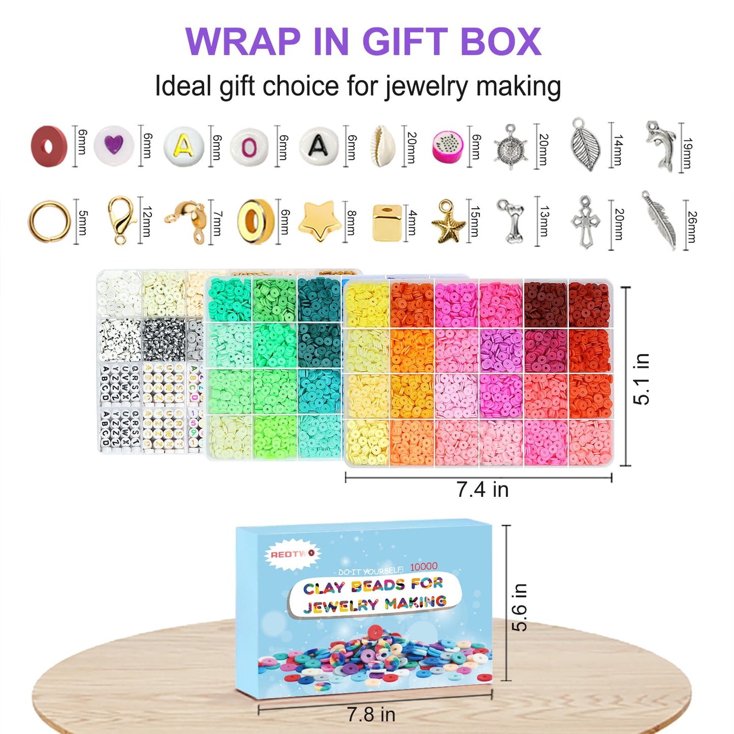 Redtwo 10000 Pcs Clay Beads Bracelet Making Kit, 3 Boxes 60 Colors Flat Preppy Beads for Friendship Bracelet Kit, Polymer Heishi Beads with Charms for Jewelry Making, Crafts Gifts for Teen Girls