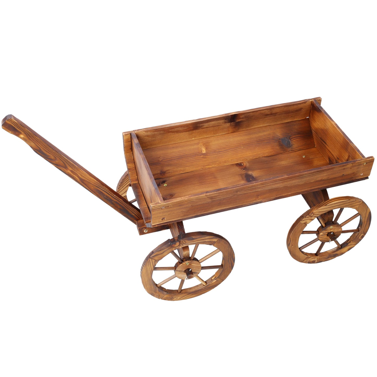 LifeSky Wooden Garden Cart Planter Wagon: Rustic Solid Wood Construction with Four Wheels & Handle - Farmhouse Style Outdoor Decor for Patio Garden Design & Plant Display