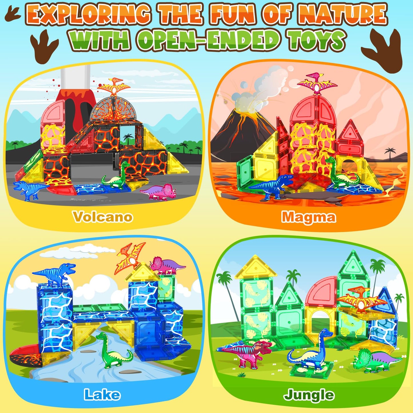 Coodoo Dinosaur Toys Magnetic Tiles Lava Dinosaur World Set - Magnetic Blocks Building for Kids 3-5 5-7 Girls Boys Toy Age 4-6 6-8, Classroom Must Haves Toddler Sensory for 3+ Year Old Kids Toys