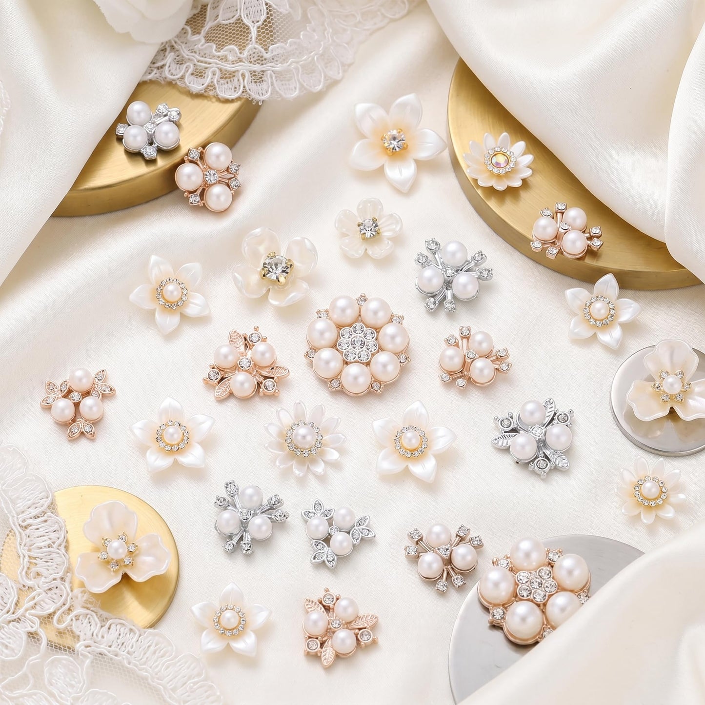 PIPITREE 112PCS Rhinestone Buttons, Acrylic Faux Pearl Buttons, Flat Back Flower Embellishments for Crafts, Jewelry Making, DIY Wedding, Decoration, Clothes, Bags, Shoes, Christmas, Thanksgiving Gifts