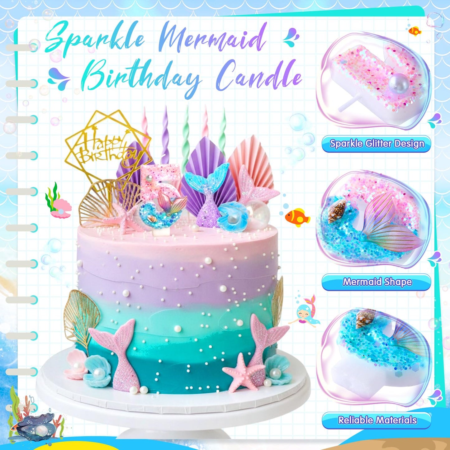 Acellegic 32 Pcs Mermaid Cake Toppers Under the Sea Cake Decor Sets Mermaid Tails Seaweeds Bubbles Shells Golden Ginkgo Leaves Birthday Card Candle for Birthday Wedding Party Supplies(Number 5)