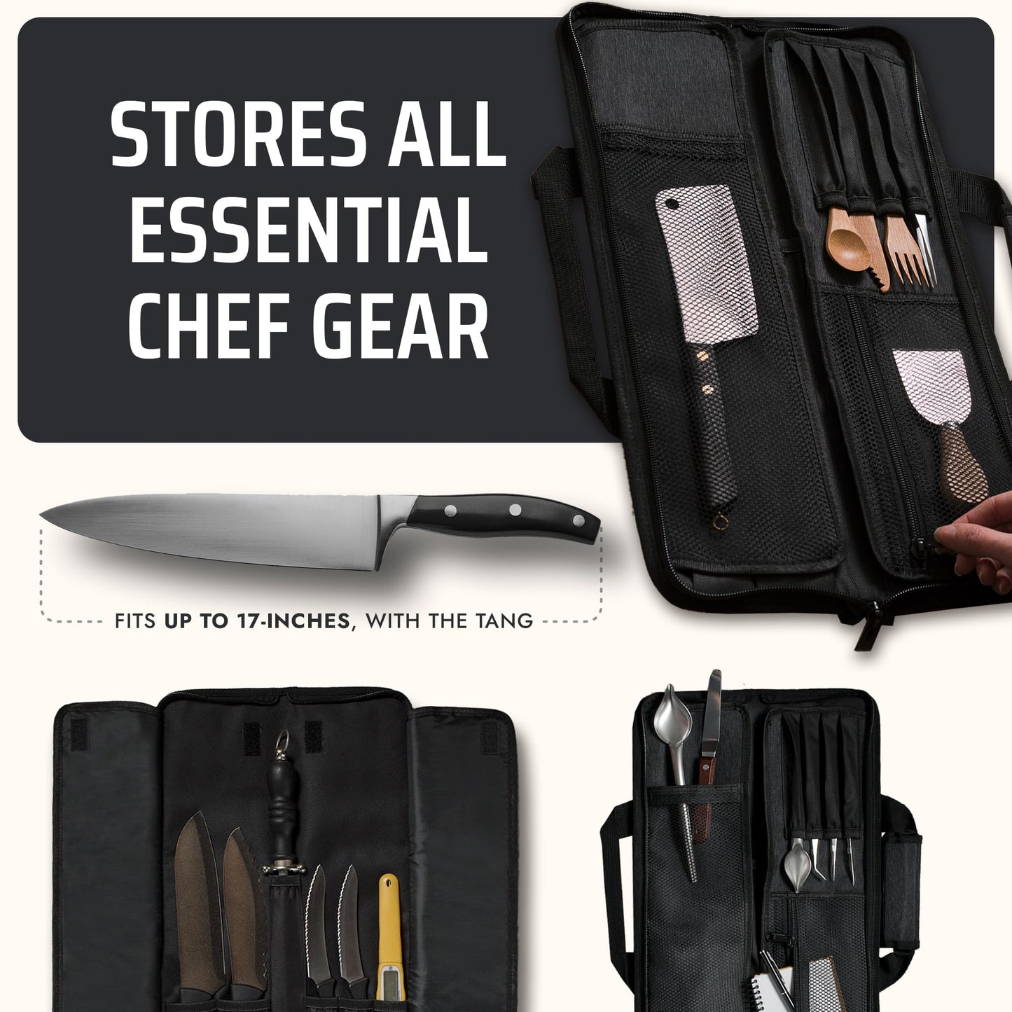 Asaya Chef Knife Roll Bag - 12-Pocket Chefs Case for Kitchen Knives and Utensils, Lightweight Stain-Resistant Waxed Nylon Chef Knife Bag - Knives Not Included (Black)