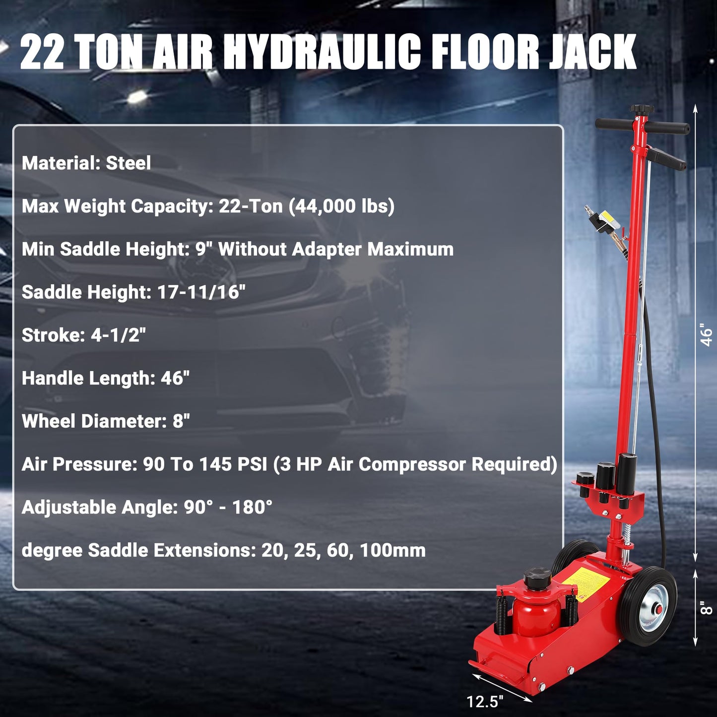22 T Air Hydraulic Floor Jack for Heavy Duty Trucks & Tractors – Low Profile (9 in-17.7 in), 4 Adapters, 46 in Adjustable Handle – 44,000 LBS Capacity