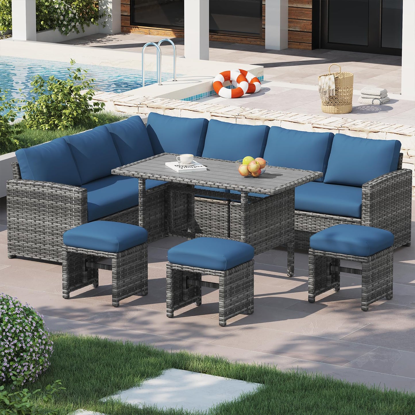 U-MAX 7 Pieces Patio Furniture Set with Waterproof Cover, Outdoor Sectional Sofa Conversation Set, All Weather Wicker Rattan Dining Table & Chair with Ottoman, Grey Rattan&Dark Blue Cushion