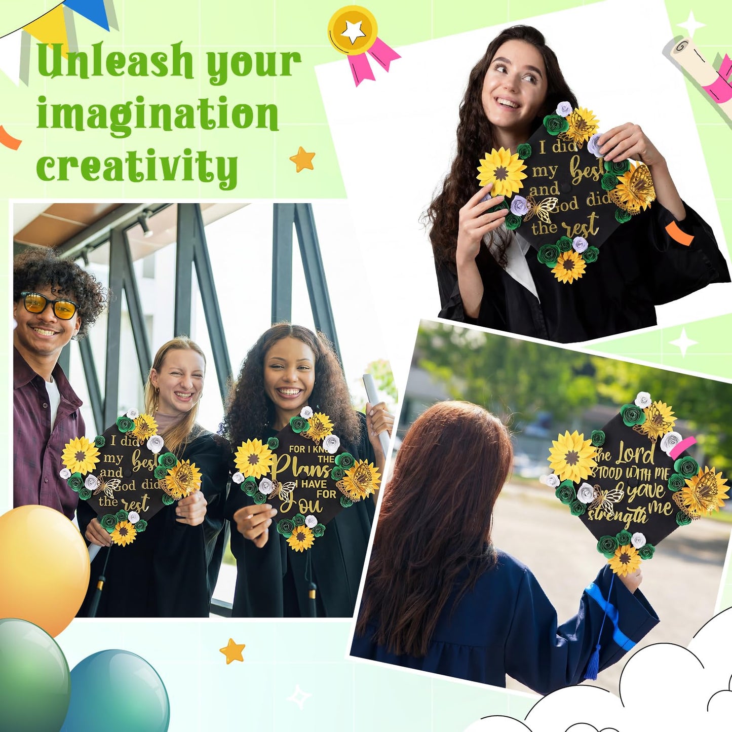 Suncalla Green DIY Graduation Cap Decorations Kit, 20 Pcs Roses Sunflower Flower Heads 4 Inspirational Quote Glitter Stickers 12 3D Butterfly Grad Cap Topper for Cake Photo Art DIY Grad Party Supplies