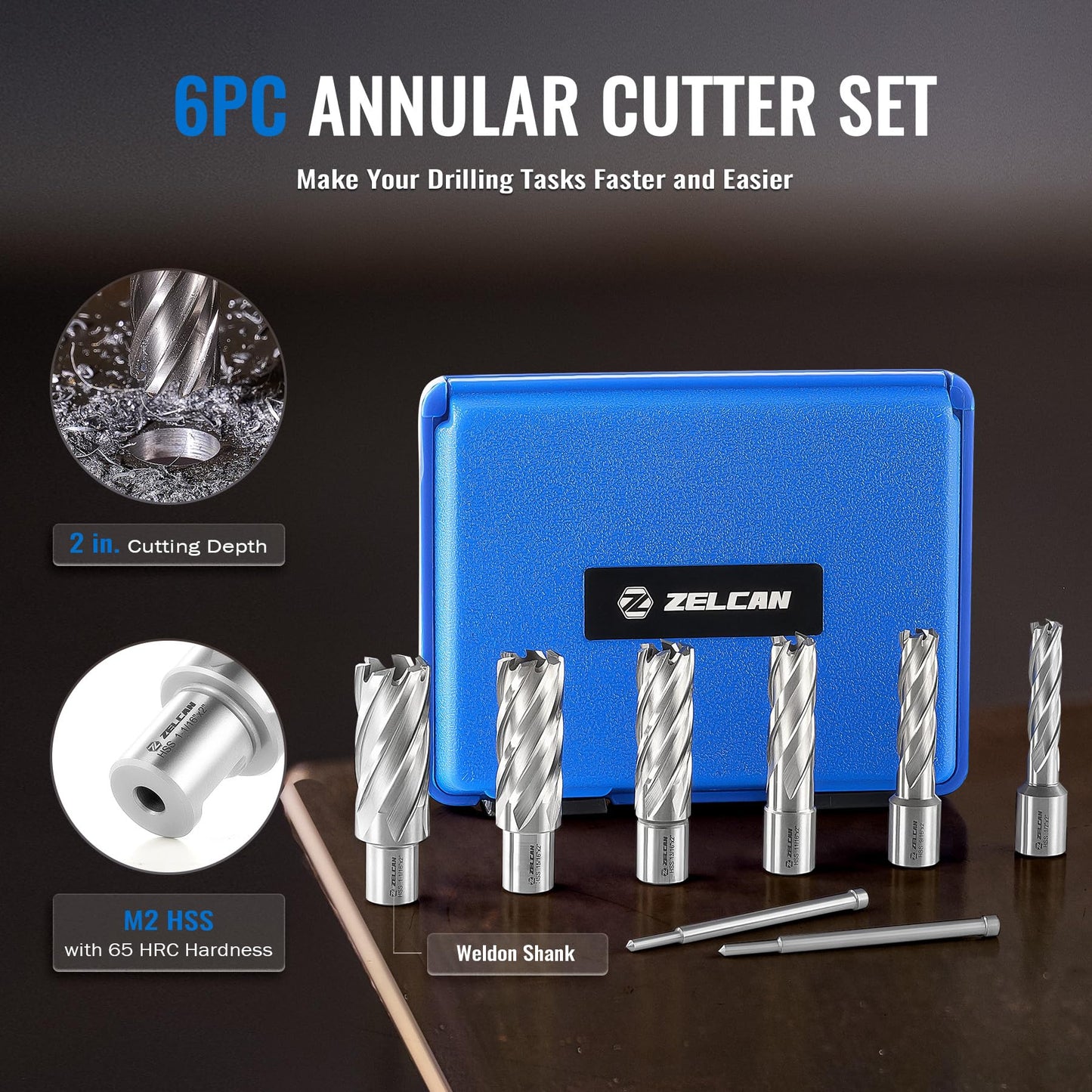 ZELCAN Mag Drill Press, 1550W Portable Magnetic Drill Press with 2" Boring Diameter Bundle with Annular Cutter Set, 6pc Mag Drill Bit Kit with 2" Cutting Depth
