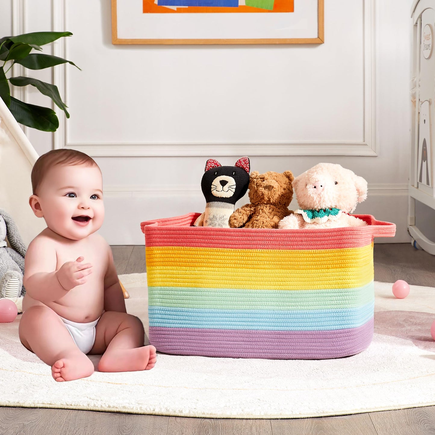 ENAORGAN 75L Extra Large Rainbow Cotton Rope Storage Basket for Blanket Toy Box for Girls Woven Rectangle Basket for Baby Kids Nursery Clothes Laundry Toy Storage in Living Room Bedroom