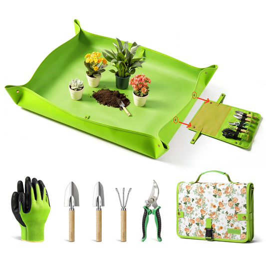 Grenebo 7-Piece Gardening Tools Set, Gift for Women, Beginners, Tools Kit with Plant Repotting Mat & Tool Bag, Stainless Steel Gardening Hand Tools for Indoor Transplanting, Succulent Bonsai Plants