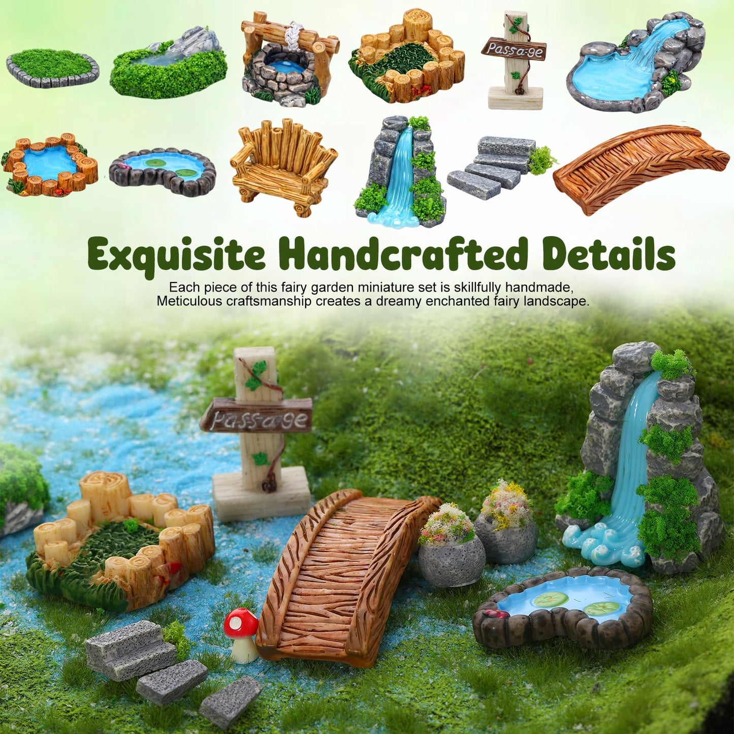 GGSTDDUP Mini Fairy Garden Accessories, Miniature Landscape Decorations Included Mini Bridge Pond Water Well for DIY Craft Lawn Pond Decor