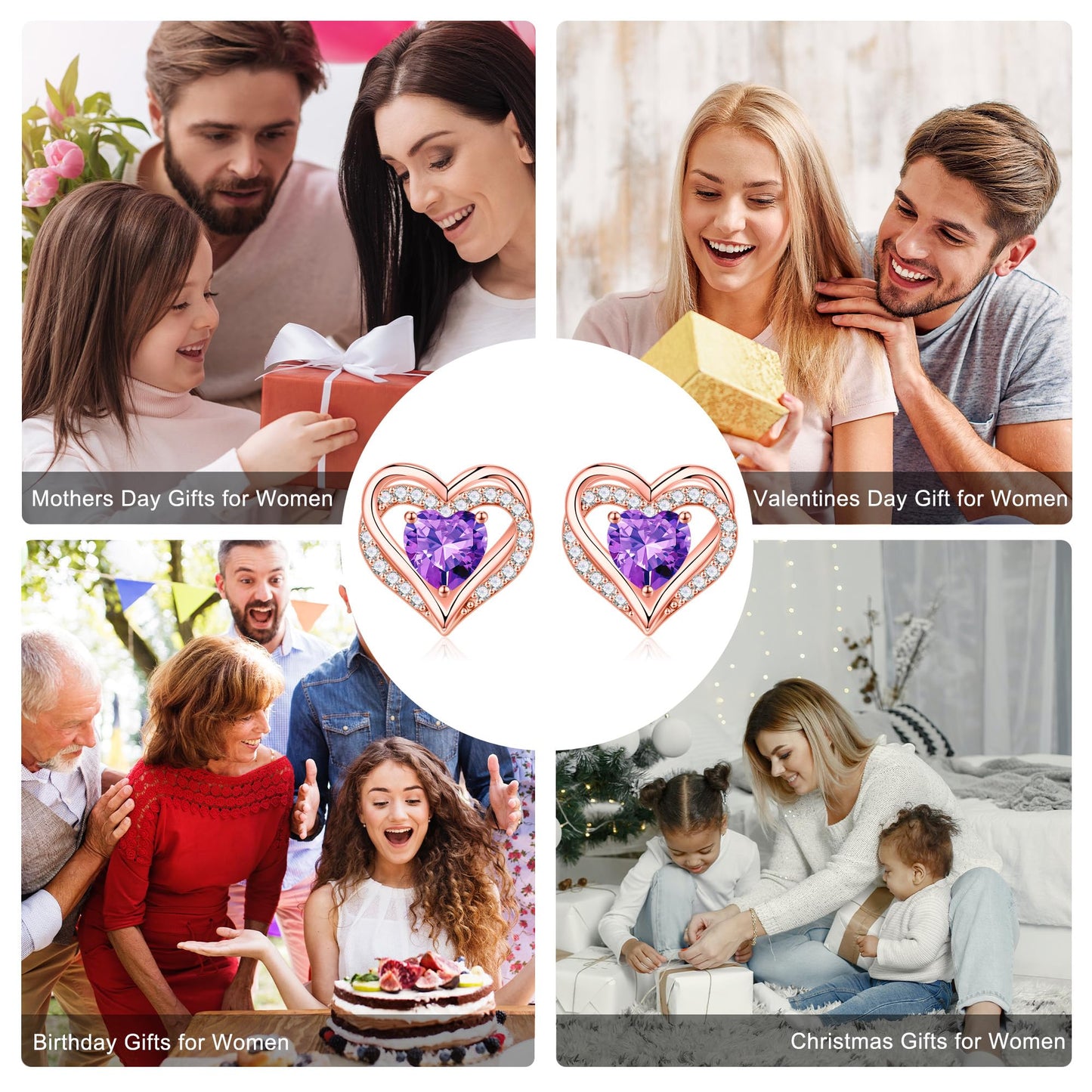 Iefil Heart Stud Earrings for Women, 925 Sterling Silver Rose-Gold-Plated June Birthstone Alexandrite Earrings for Women