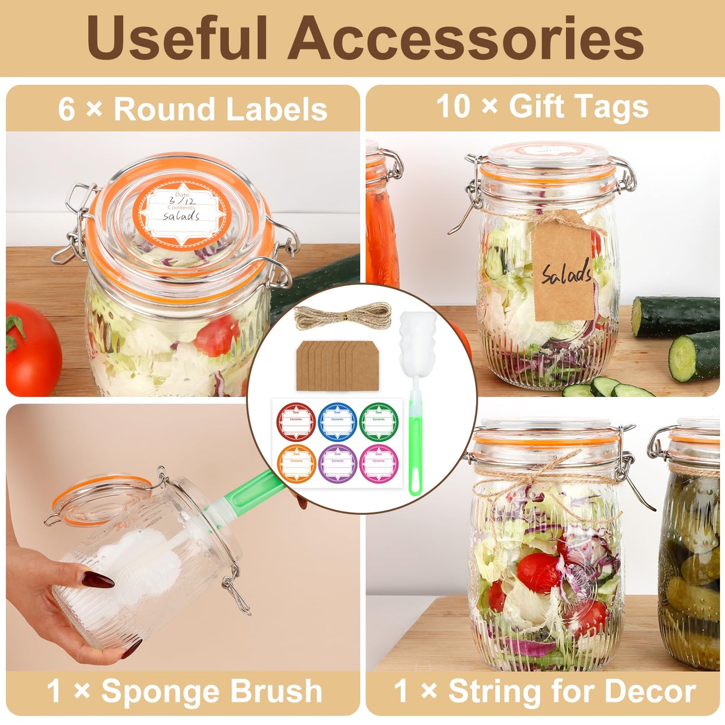HAYHOI 32oz Mason Jars with Airtight Lids, 6 Pack Wide Mouth Canning Jars with Clamp Lid, Quart Glass Canisters for Kitchen Storage, Pickling, Coffee, Cereal, Sugar, Flour, Beans