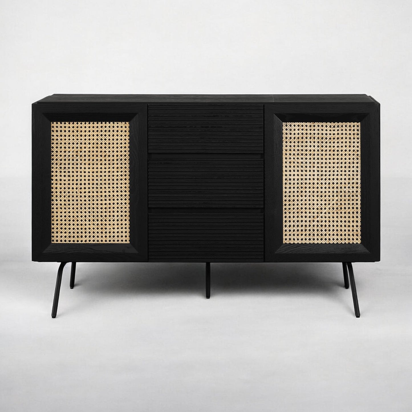 NTC MOSSIC Sideboard with 2 Doors and 3 Drawers, Buffet Cabinet with Natural Rattan and Metal Legs, Modern Storage Cabinet for Living Room, and Hallway, Effortless Assembly - Burnt Black
