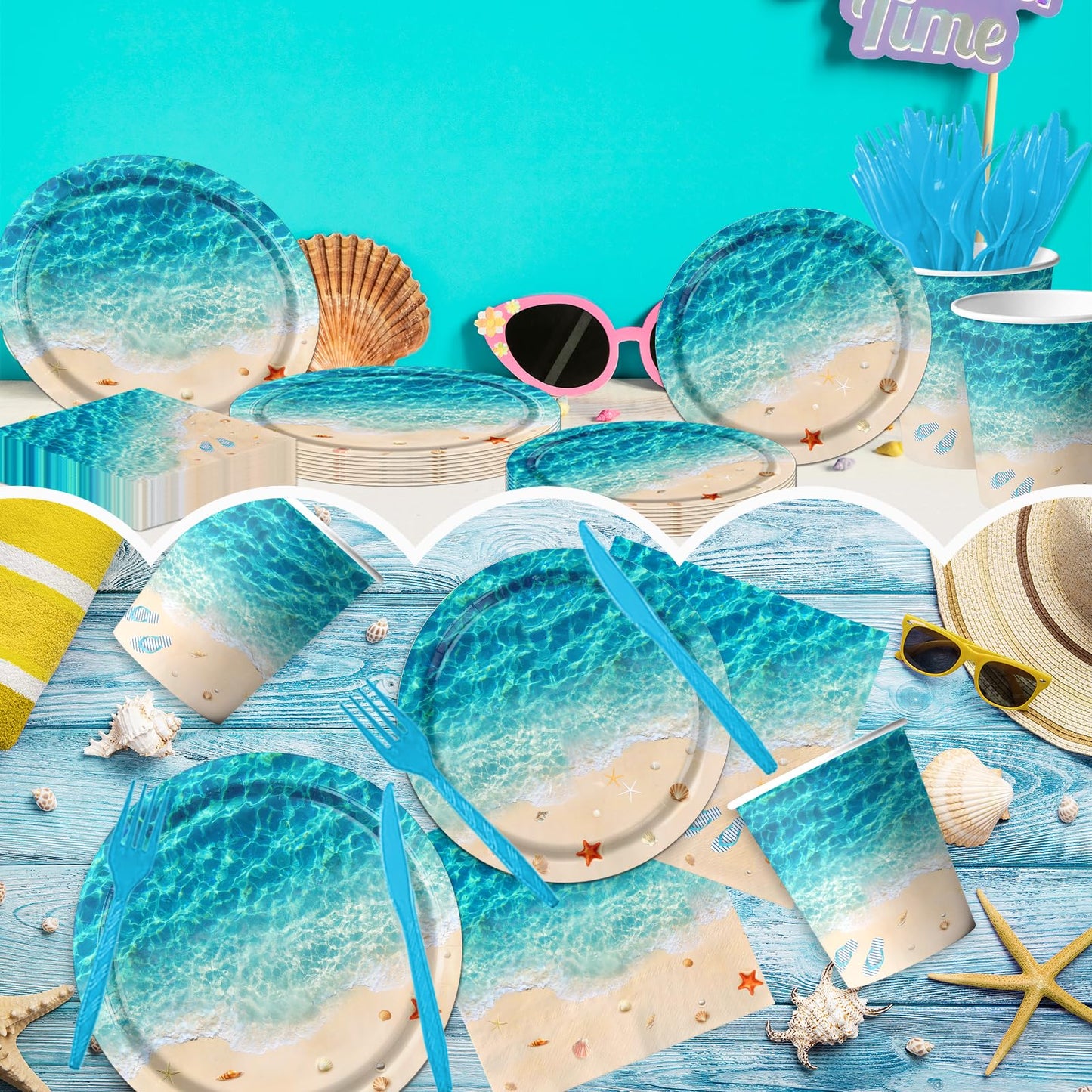 Beach Party Supplies, 144Pcs Ocean Waves Birthday Party Supplies Tableware Set Summer Pool party Decorations Ocean Plates and Napkins and Cups for Hawaiian Birthday Decorations