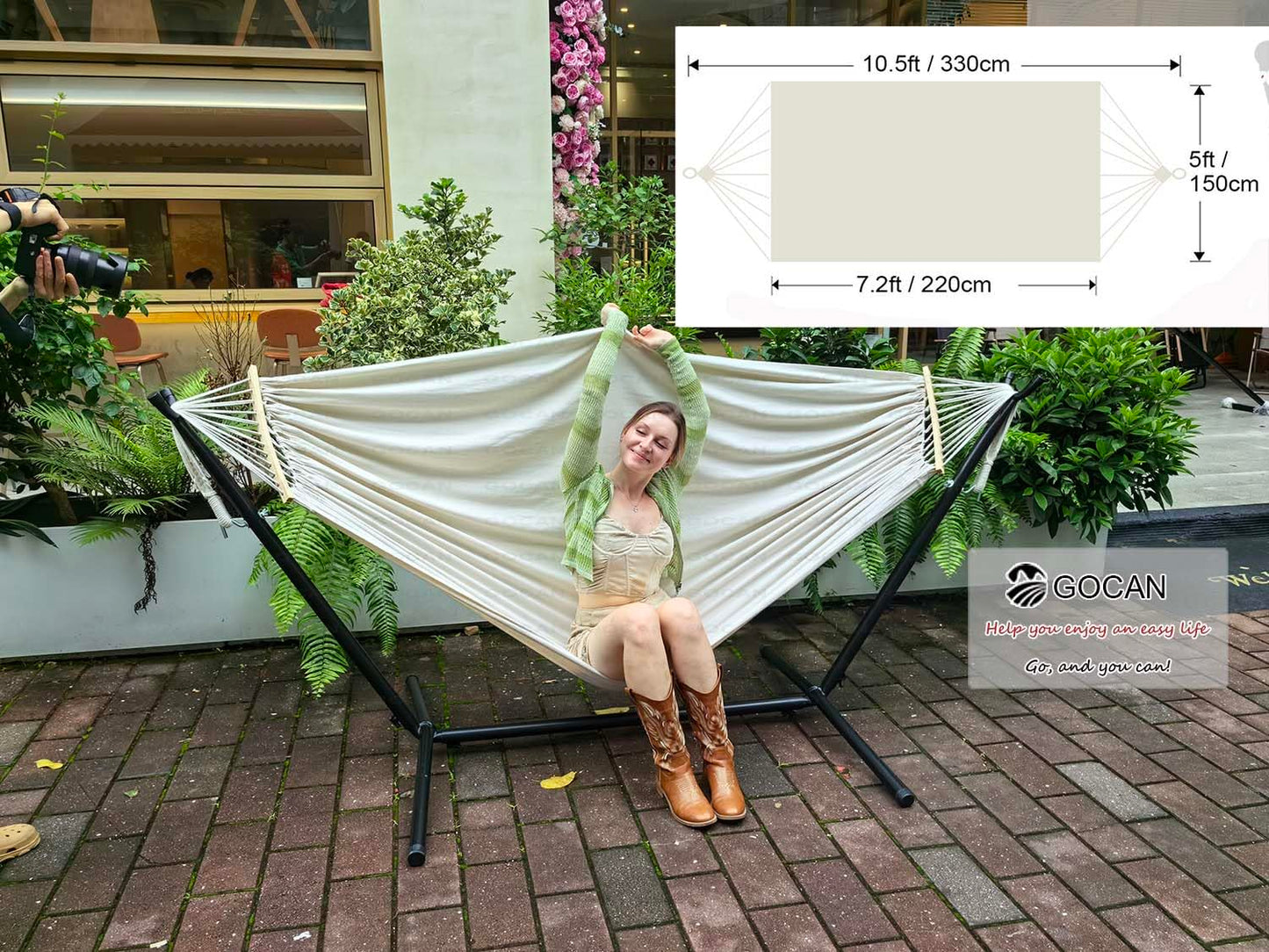 GOCAN Double Hammock 2 Person Extra Large 86inx59in Total Length 129in Load 500lb Canvas Cotton Hammock for Patio Porch Garden Backyard Lounging Outdoor and Lndoor with Removable Spreader Bar