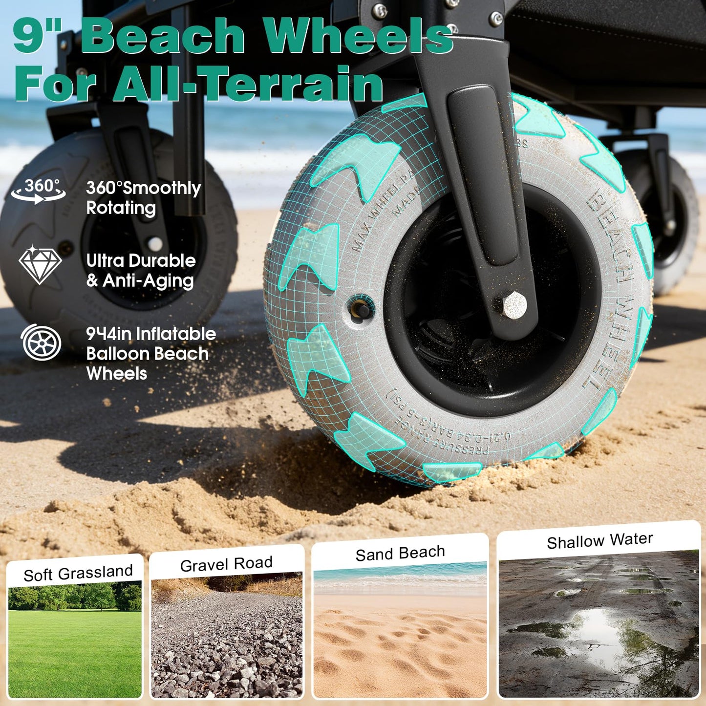 SUNNYFEEL 41" L Beach Wagon with Big Wheels for Sand - 550lbs Heavy Duty Folding Beach Wagon - All Terrain Steel Frame with 9" Pneumatic Tires for Beach,Camping,Sports,Garden (Black)