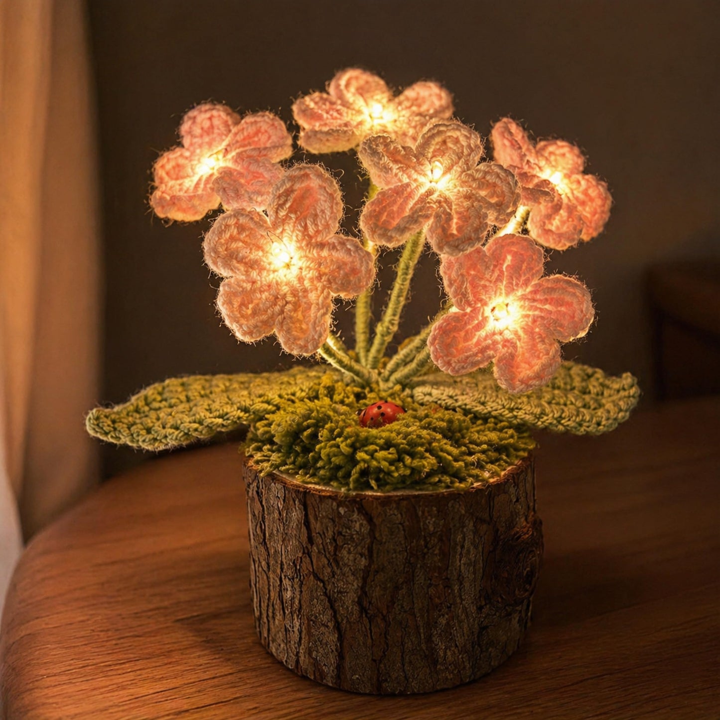 Tisuvimy Handmade Crochet Forget-me-not Flowers Night Light Knitted Flower with Wooden Pot Home Desktop Decorations Gifts for Women Friends Lovers Classmates (Pink Forget-me-nots)