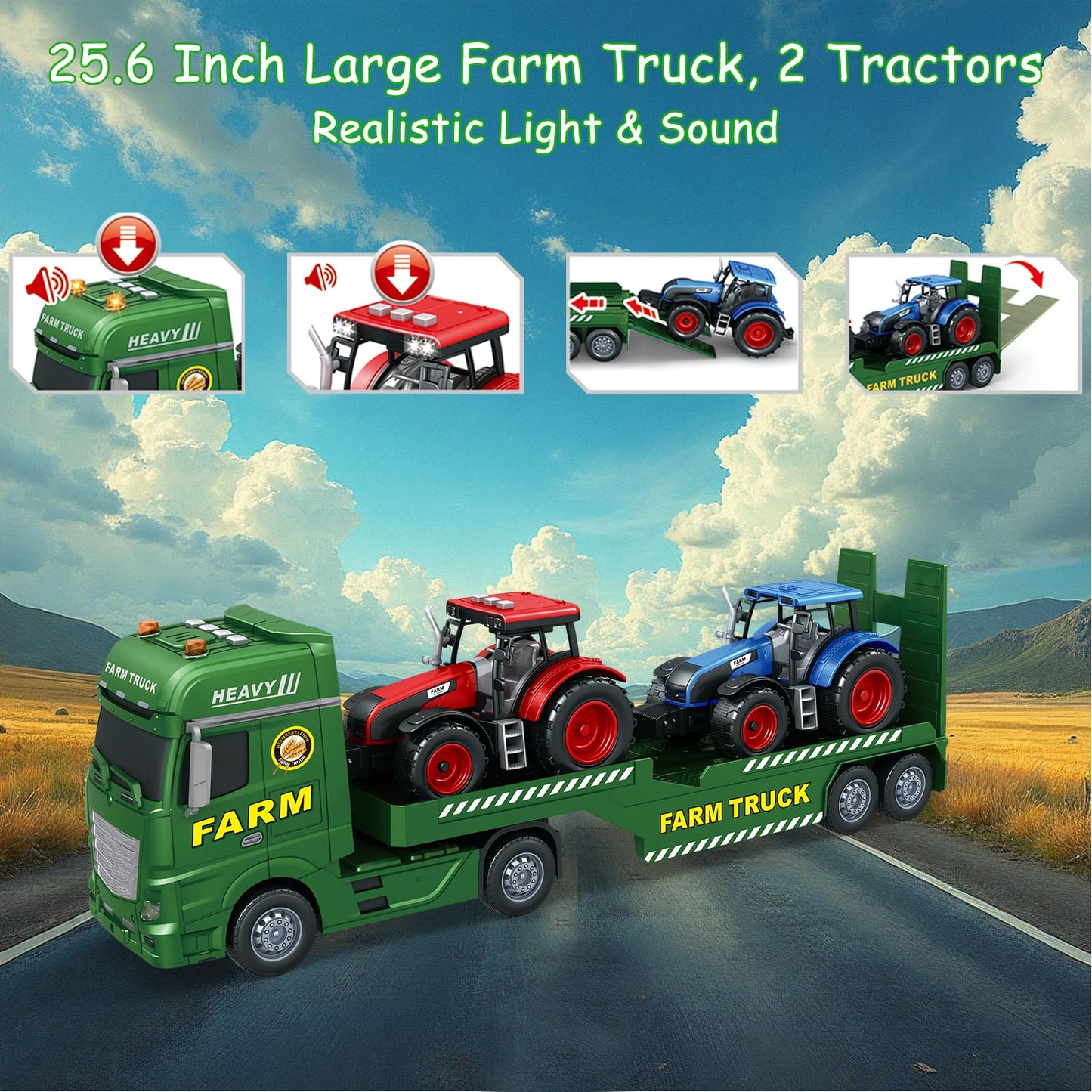 Joysweetoy 25’’ Large Flatbed Semi Truck Toy for Kids - 3 in 1 Friction Powered Farm Vehicles with 2 Tractors, Lights & Sounds - Car Toy Gift for 3 4 5 6 7 8 Year Old Boys Girls Toddlers