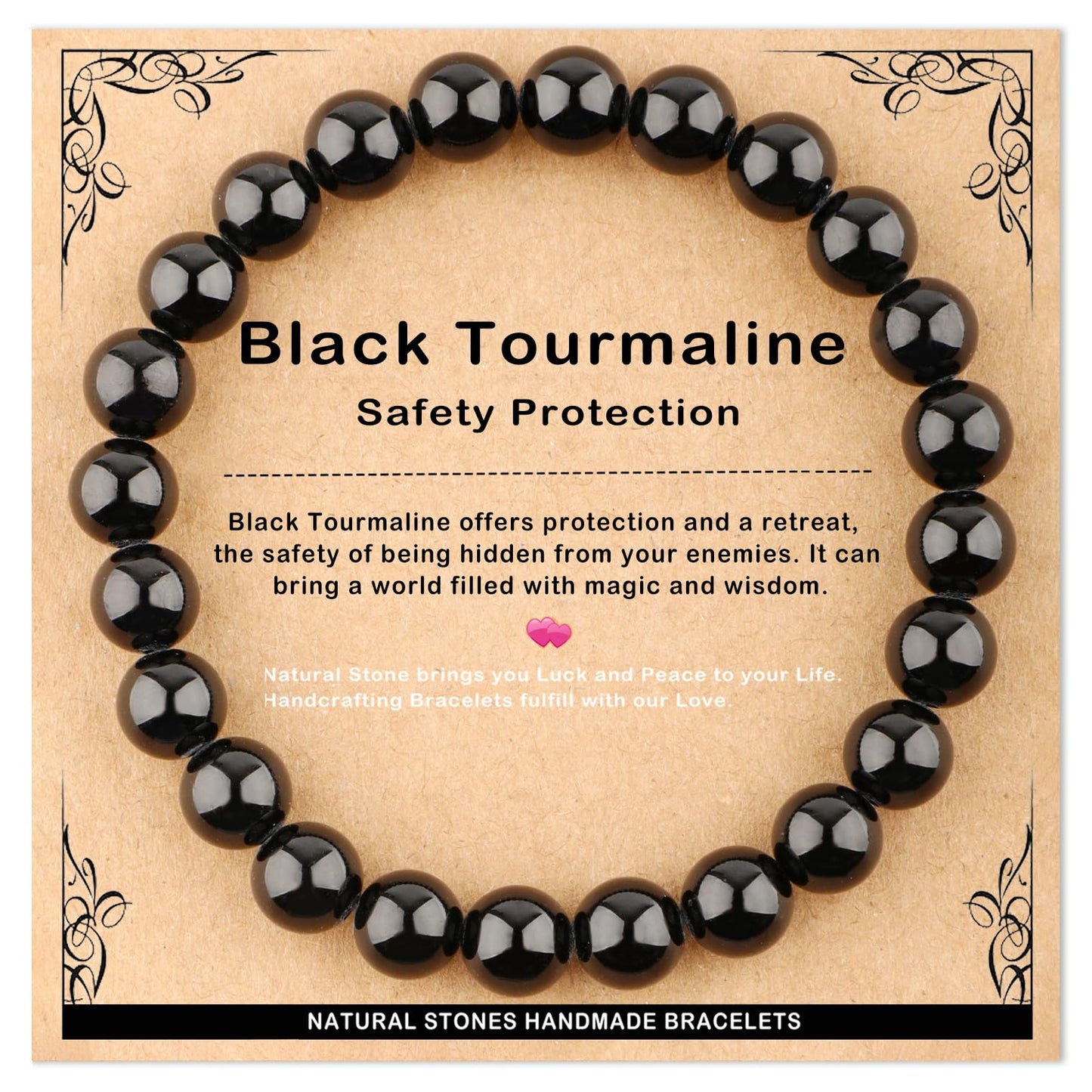 AD Beads 8mm Handmade Black Tourmaline Elastic Bracelet – Natural Gemstone for Safety Protection – Meditation, Yoga, Healing and Energy Gift for Men Women
