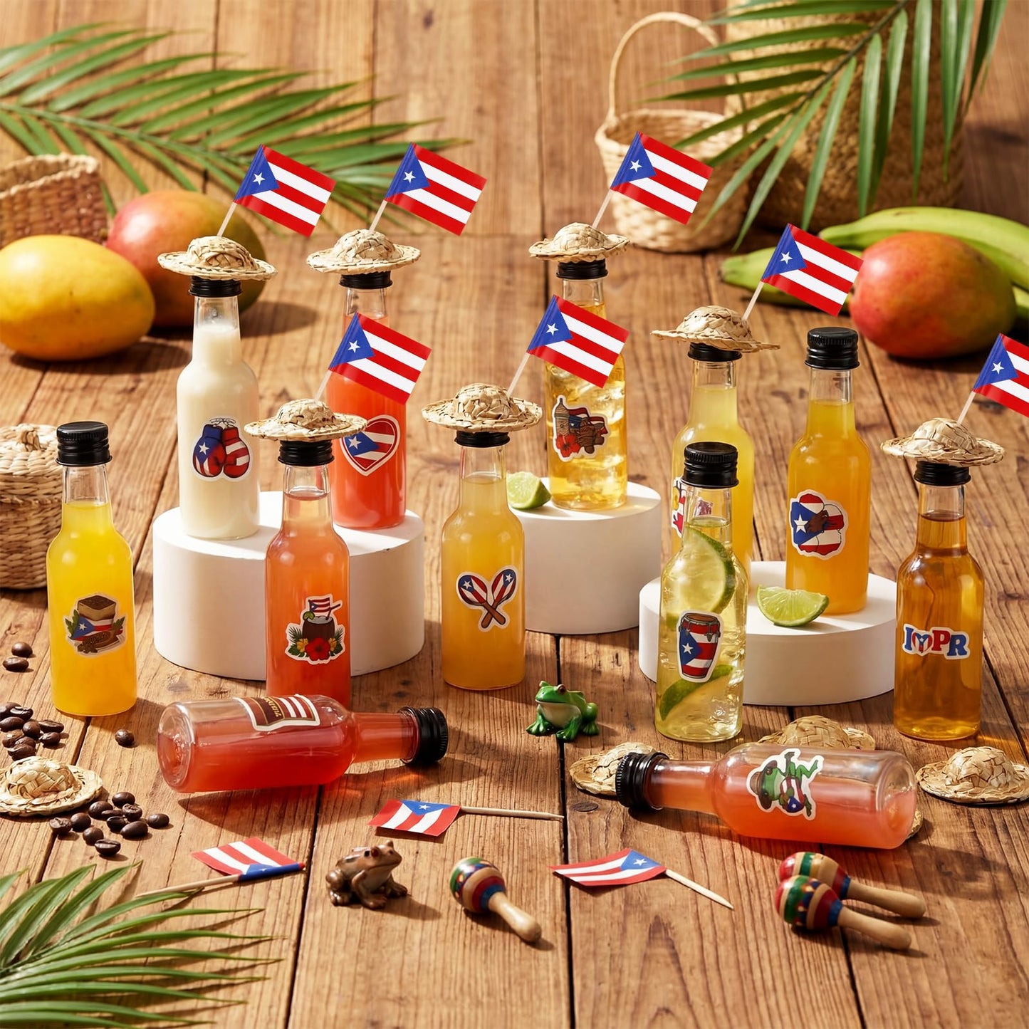 Gandeer 24 Sets Mini Puerto Rico Coquito Swing Top Bottle Plastic Wine Bottles with Airtight Cap Puerto Rico Stickers Mini Hats and Flags Convenient Funnels for Homemade Brewing Beverages Liqueur