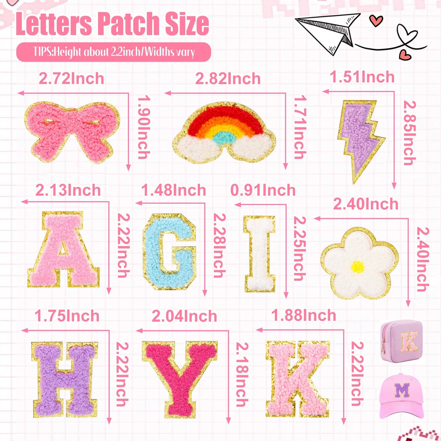 72 Pcs Preppy Chenille Patches Self Adhesive for DIY Clothing,Include 52 A-Z Chenille Letter Patches Stick on,20 Rainbow Flower Lighting Bowknot Embroidered Stickers Patches for Backpacks Bags Hats