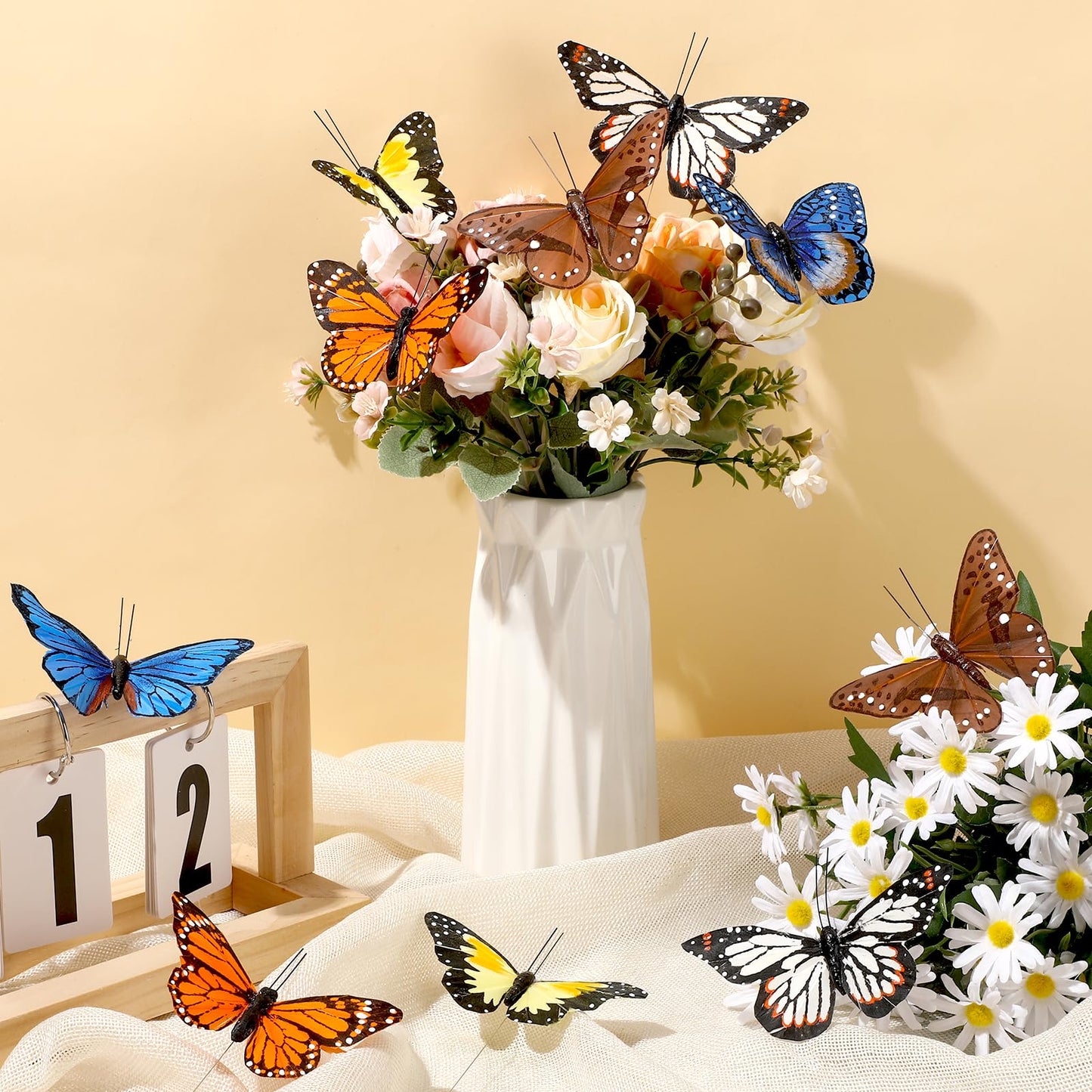 Butterfly Floral Picks Flower Arrangements Decoration 3D Artificial Feather Butterflies for Crafts Monarch Butterfly Decorations Fake Butterflies on Picks Bouquets for Garden Stakes Wall Decor