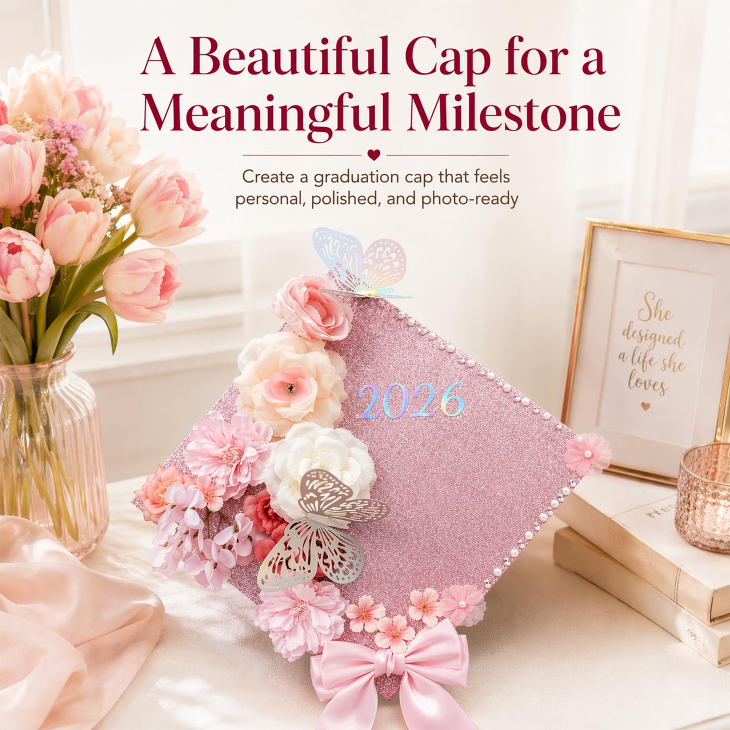 42PCS Graduation Cap Decorations Kit 2026, Pink DIY Grad Cap Topper Set with Glitter Topper Boards, 3D Butterflies, Letter Stickers, Pearls, Rhinestones, Flowers for Class of 2026