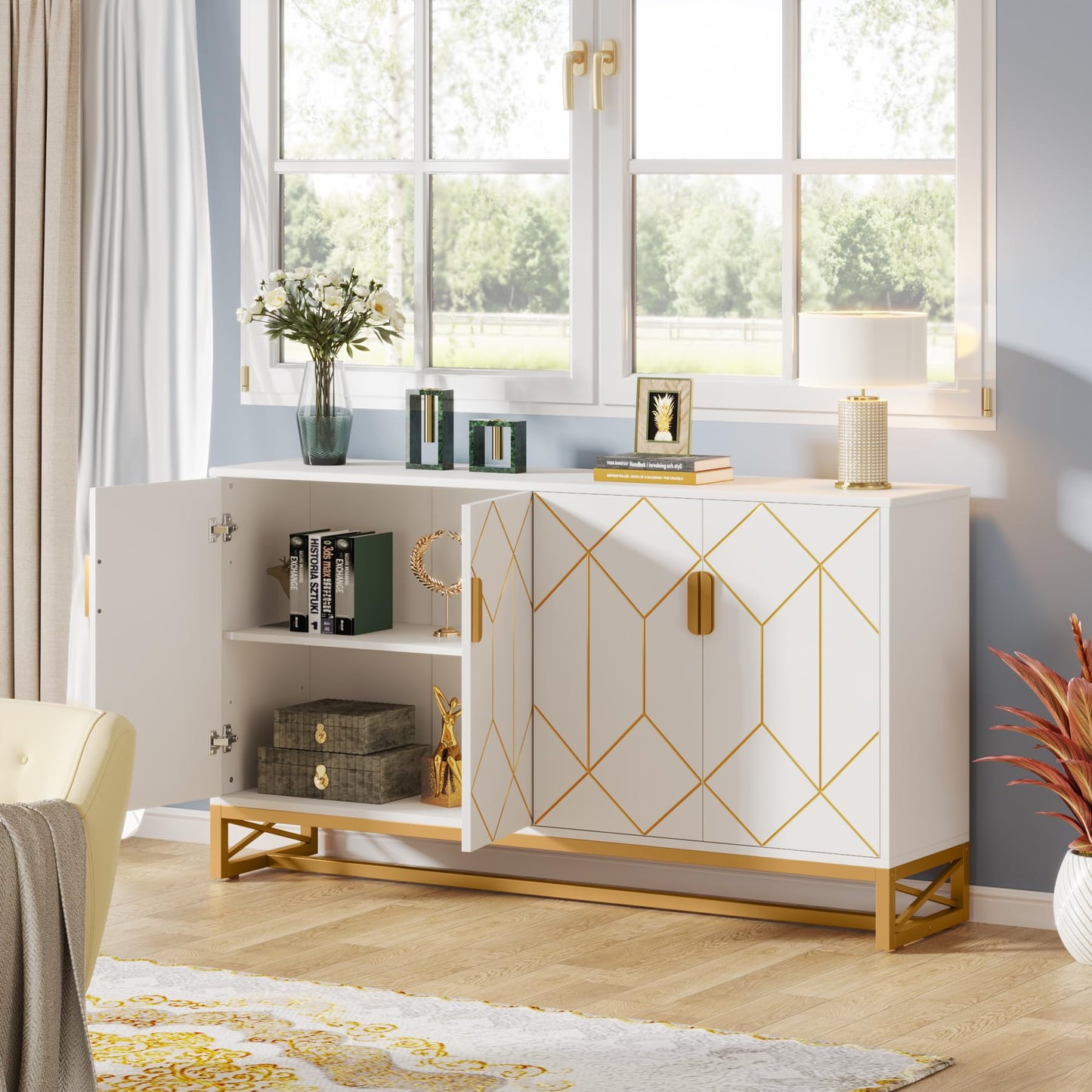 LITTLE TREE Storage Cabinet with Storage Shelves for Living Room, Modern Sideboard Buffets Cabinets Coffee Bar with Gold Metal Frame 4 Doors for Kitchen Dining Room Entryway Bedroom, White