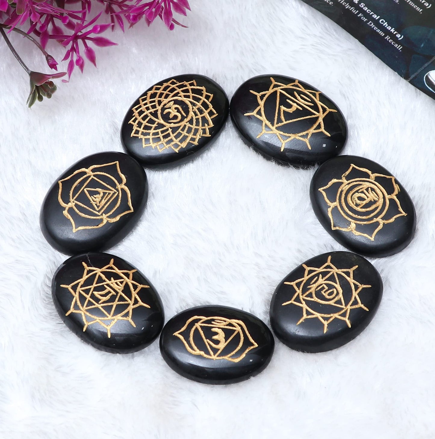 Crocon Black Agate Gemstone 7 Pcs Engraved Oval Shape 7 Chakra Symbol Stones for Reiki Healing Chakra Stone Balancing Crystal Cleansing Spiritual Money Good Luck Gift Home Decor Size: 20-25 mm