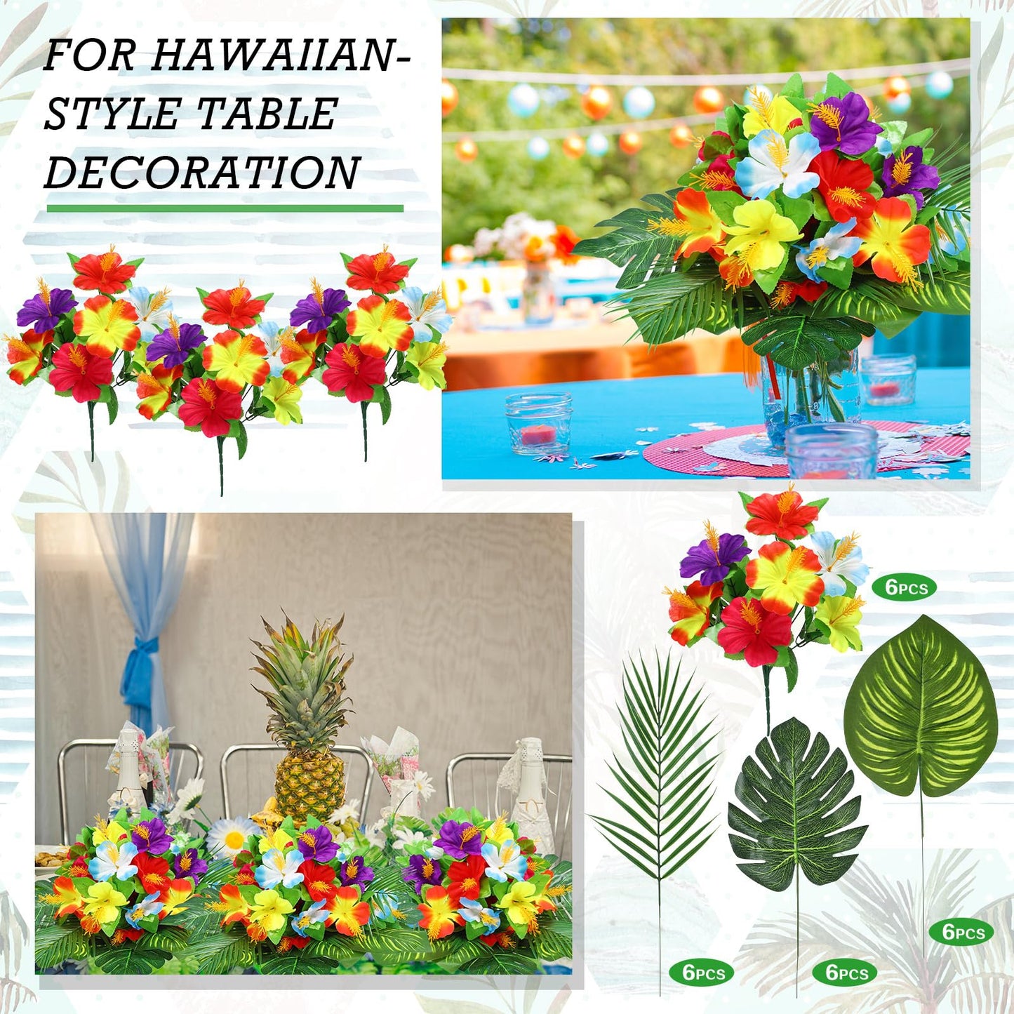 Hotop 24 Pcs Hawaiian Flower Centerpieces for Tables Artificial Palm Leaves Fake Hibiscus Flowers Tropical Party Decorations Supplies for Luau Safari Jungle Beach BBQ Theme Party Birthday Table Decor