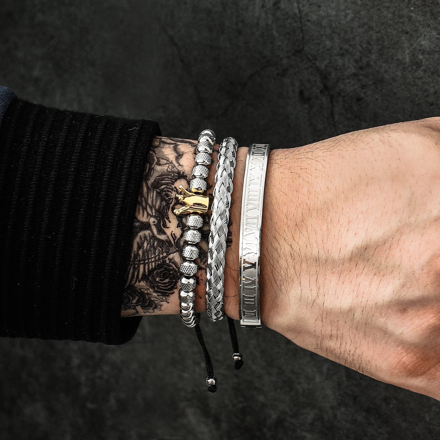 WFYOU 3PCS Stainless Steel Bracelets for Men Gold Roman Numeral Bangle Bracelet Twisted Cable Bracelet Adjustable Cuff Bracelet Mens Luxury Jewelry Bracelets Gifts(B:Silver&Gold- Crown)