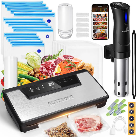 BLITZHOME Sous Vide Machine & Vacuum Sealer & 30 Pcs Kit Bundle: WiFi Enabled Sous Vide Cooker and 6 Easy Modes Sealer with Built in Cutter, 30Pcs Bags,1 Roll, 1 Vacuum Pump, 5 Air Valves, 5 Sealing