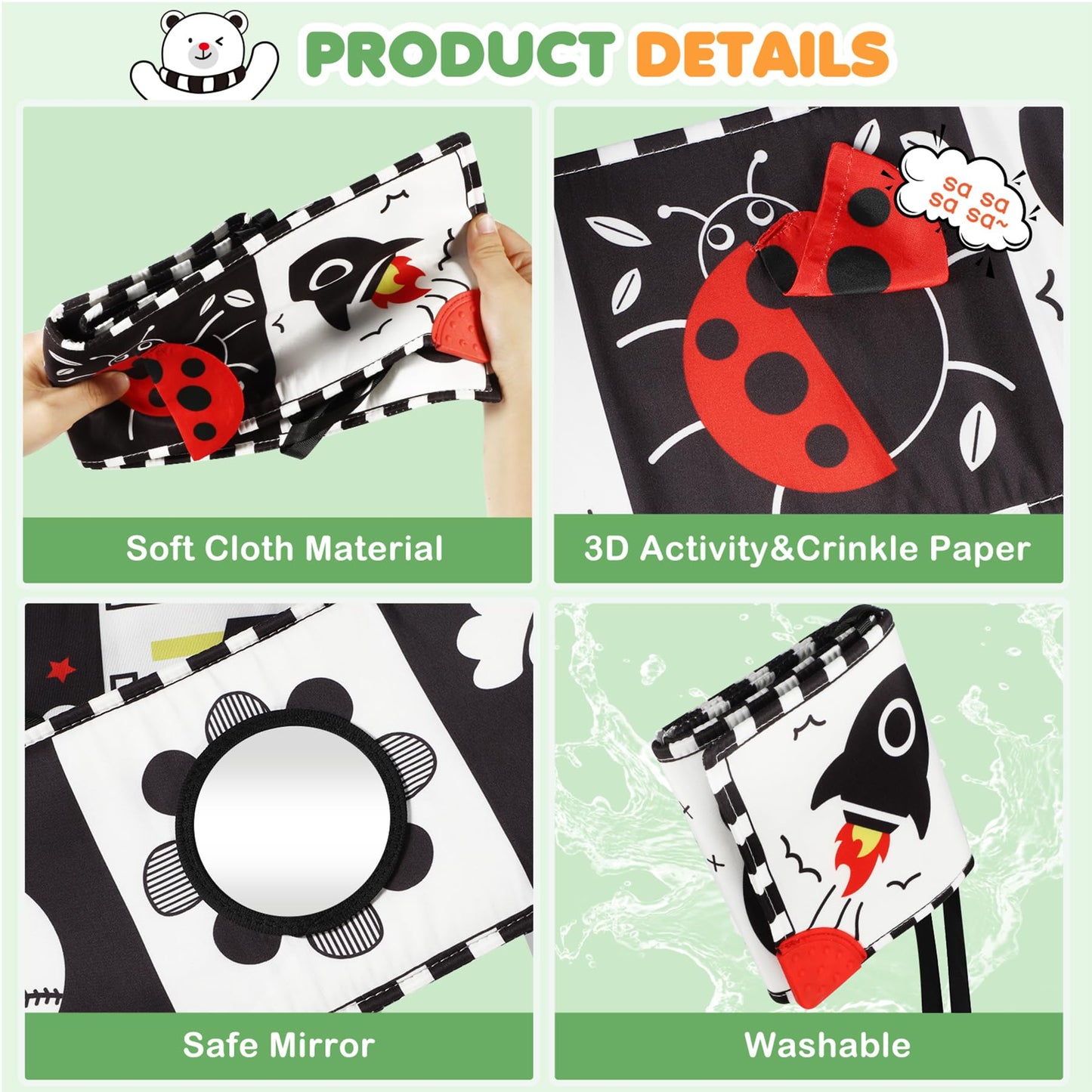 BBWOO High Contrast Baby Toys for Newborn, Tummy Time Mirror, Black and White Baby Toy for 0-6 Months, Soft Montessori Visual Stimulation Infant Book, Boy Girl Shower Gift