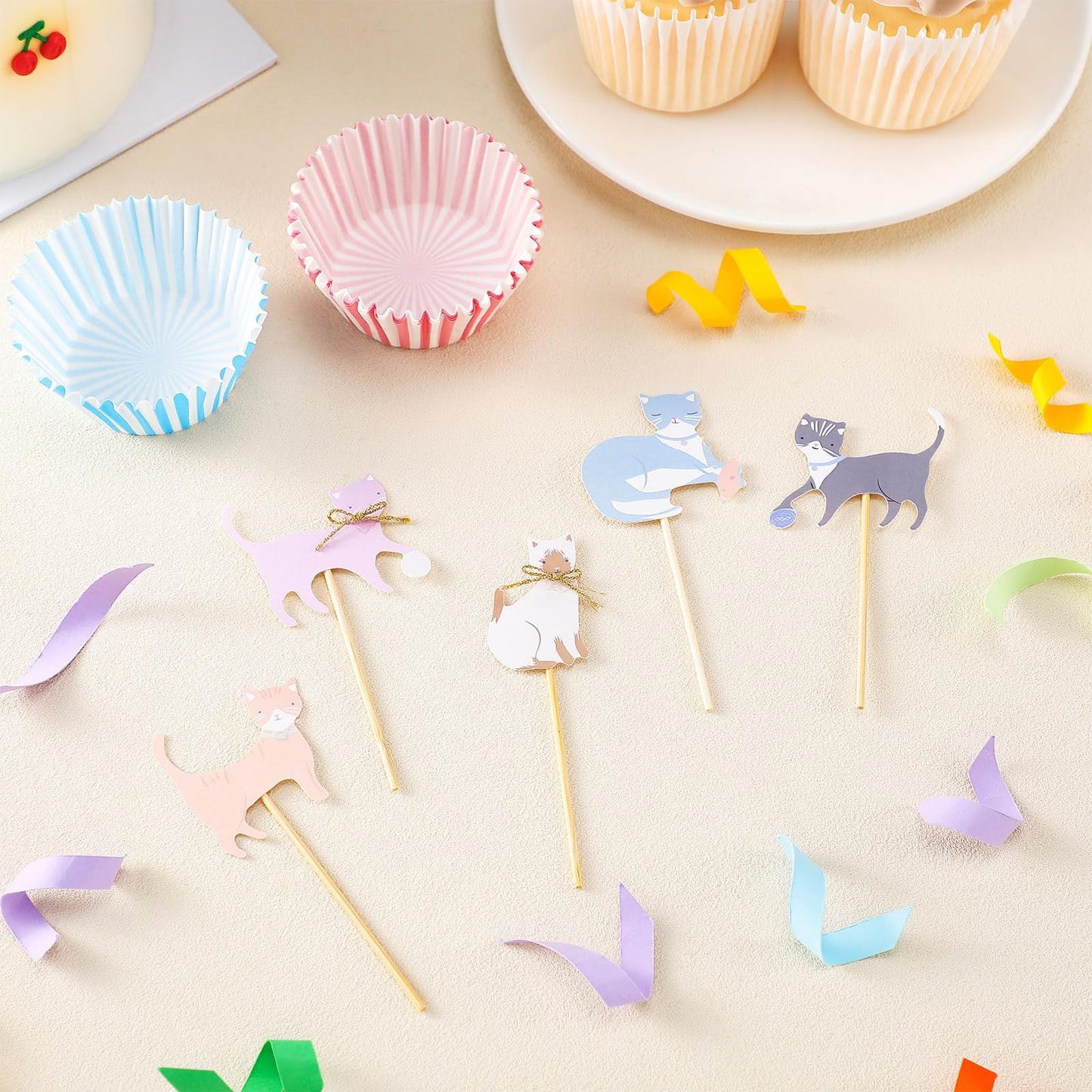 Vesici 48 Pcs Cute Kitten Cupcake Kit Include 24 Cat Cupcake Toppers and 24 Blue Pink Cake Liners Kitten Pet Themed Party Supplies for Birthday Pet Adoption Party Decorations