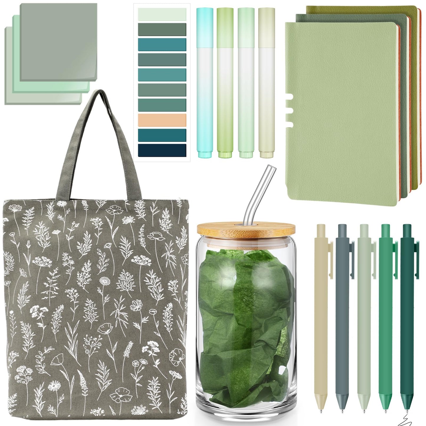 Yiyiring 18 Pcs Sage Green Office School Study Supplies Aesthetic Stationery Set Glass Cup Canvas Tote Bag A6 Leather Journal Notebook Green Sticky Notes for Women Book Lover Librarian Graduation Gift