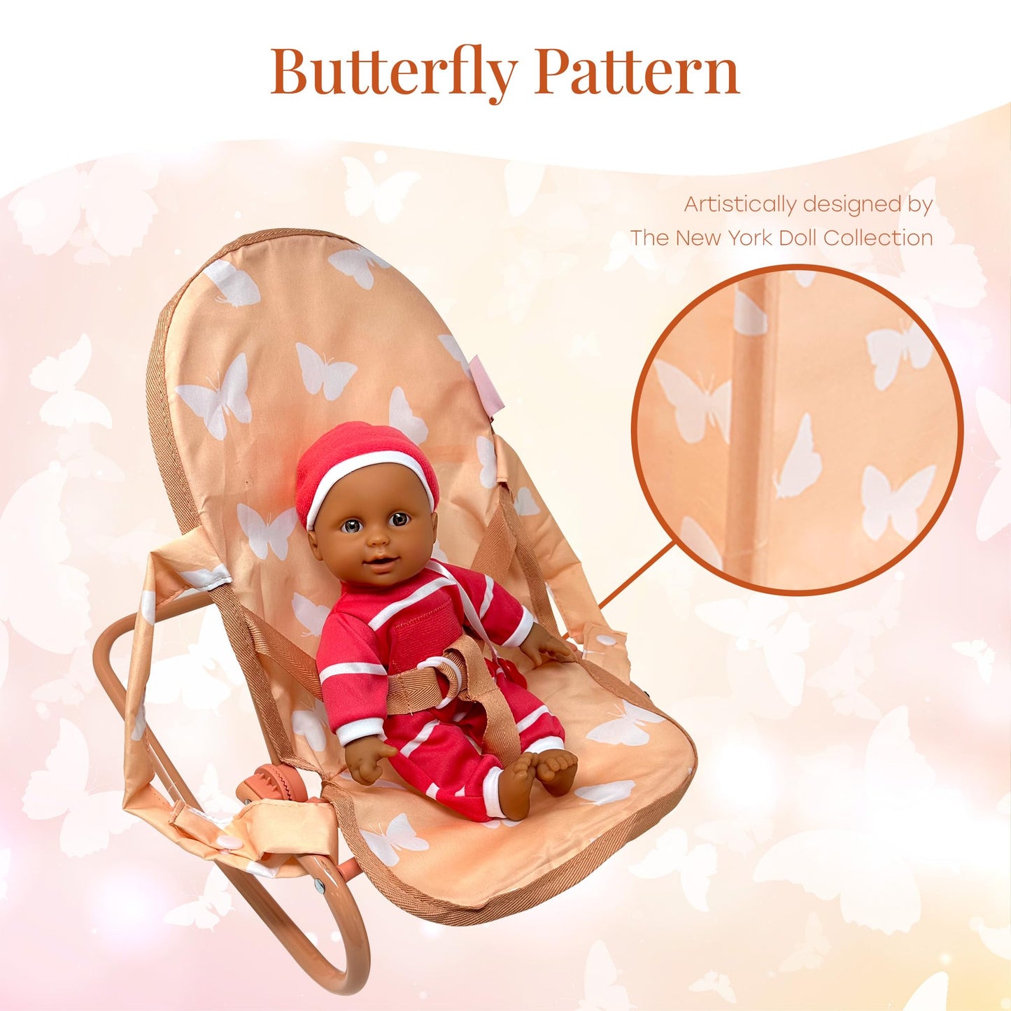 4-in-1 Baby Doll Stroller Set with Butterfly Design – Includes Toy Stroller, Crib, Bouncer & High Chair – Doll Accessories & Baby Doll Furniture Set for Toddlers 3-4 Years – Fits Dolls up to 18 Inches