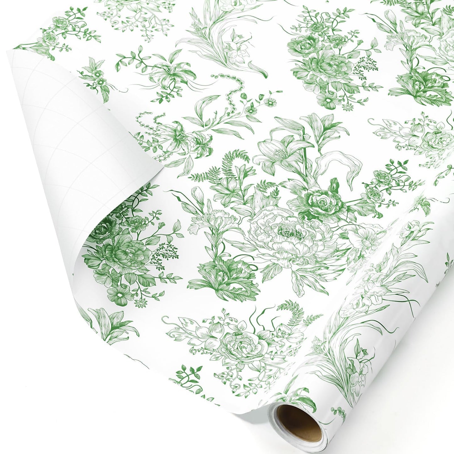 WERNNSAI Green Wrapping Paper Roll - 1 Roll 17”x 33 ft Vintage Floral Wrapping Paper Green Flower Bouquet Gift Wrap for Girls Women Birthday Bridal Shower Wedding Supplies