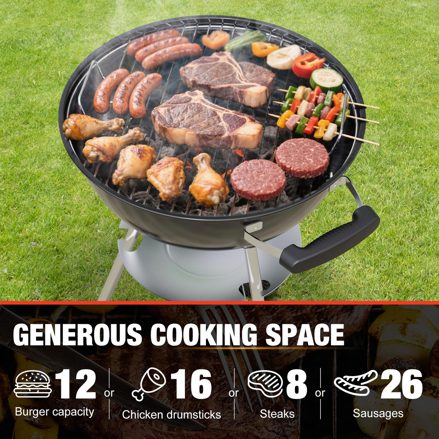 GRiliFE 18 inch Charcoal Grill, Portable Kettle BBQ Grills, Perfect BBQ Gift, Durable & Easy to Assemble, Round Barbecue Grill with Wheels and Lid for Outdoor Cooking, Patio and Beach, Black
