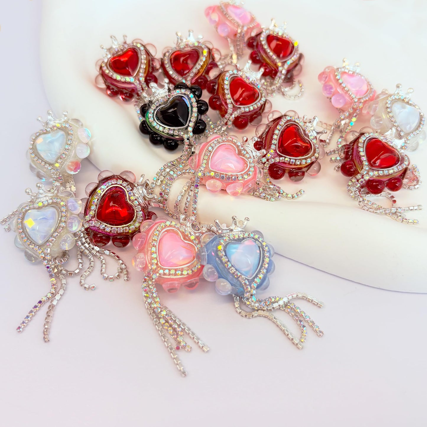 10pcs Rhinestone Focal Beads for Pens, Sparkling Heart-Shaped Designs with Tassels, Fancy Beads for DIY Jewelry Making Keychains Crafts Holiday Decorations (Heart-Shape-Focal Beads)