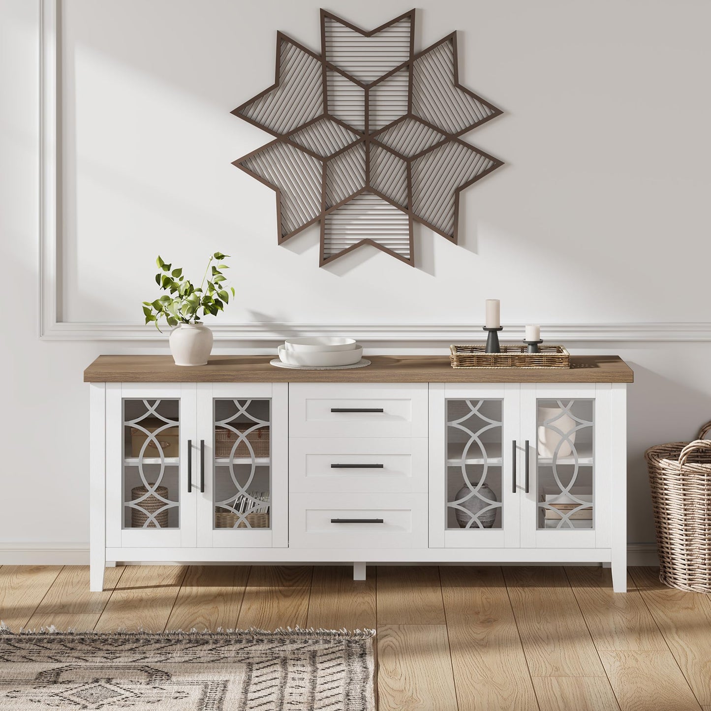 IDEALHOUSE Farmhouse TV Stand for 70 Inch, Mid Century Modern Entertainment Center with Glass Door, Television Stands 2 Storage Door and 3 Drawer with Shelves for Living Room Bedroom Rustic White