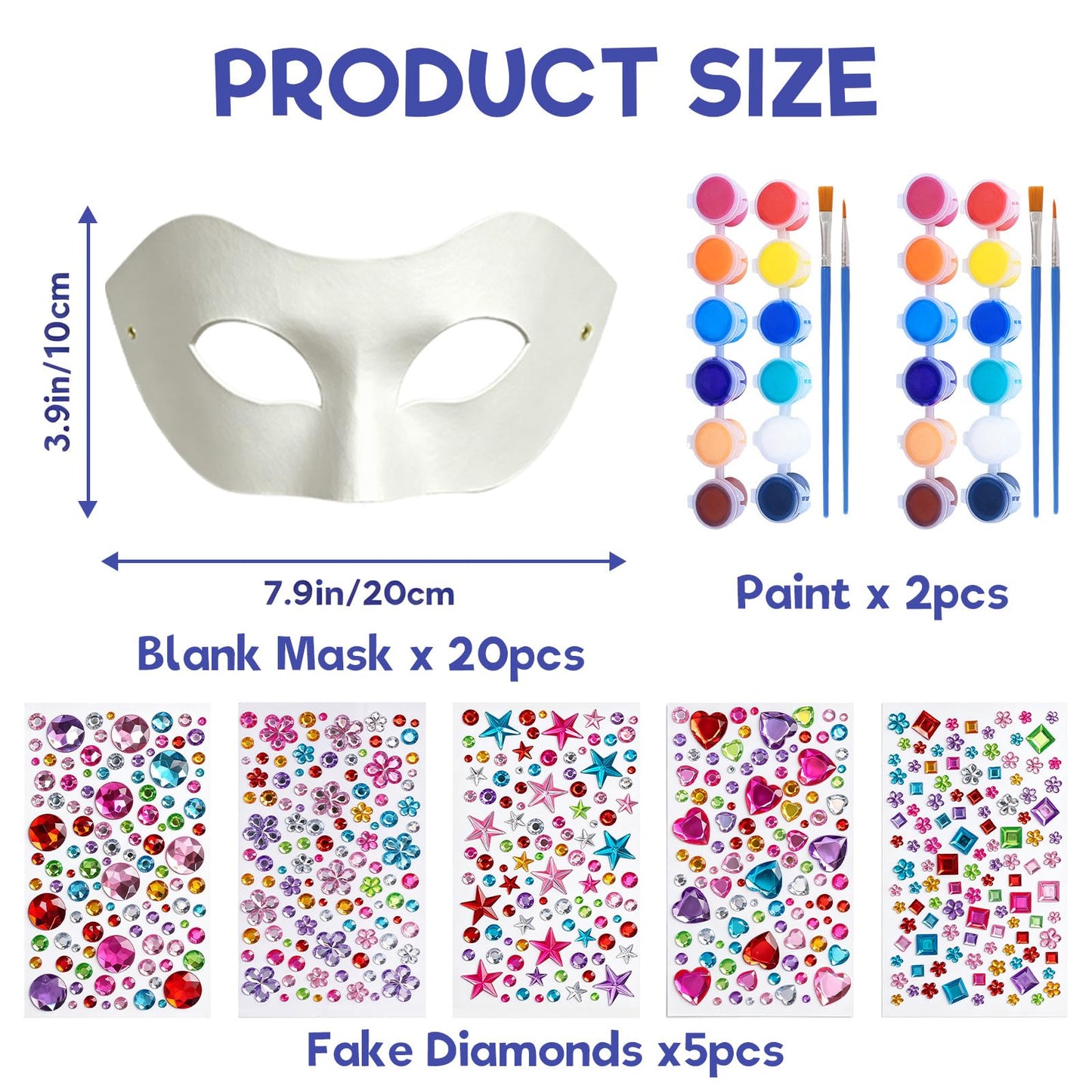 Blurap 27 Pcs Paper Mache Mask Kit, DIY Half Face White Masquerade Mask with Watercolor and Gem Stickers, Bulk Mardi Gras Masks for Women Man Masquerade Party Halloween Cosplay Costume