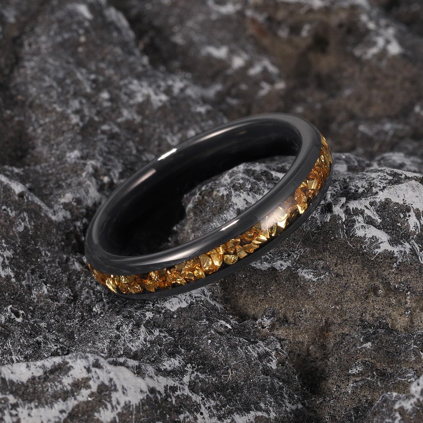NUNCAD Women's Tungsten Rings 4mm Black Wedding Band Inlaid with Citrine Center Polished Domed Comfort Fit Size 9