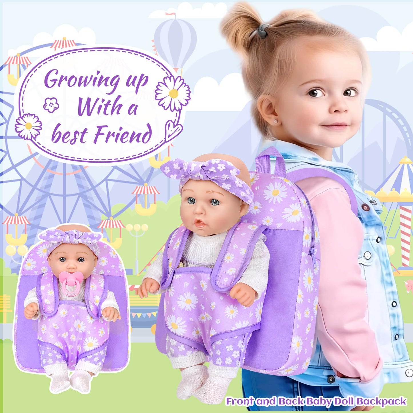 12" Flower Pattern Baby Doll With Backpack Carrier Can Store Clothes and Accessories,12 Inch Baby Dolls Set In Gift Box With Hanky Pacifier Bottle Pretend Baby Care Toy For Girl Child Toddler 3+ Gifts
