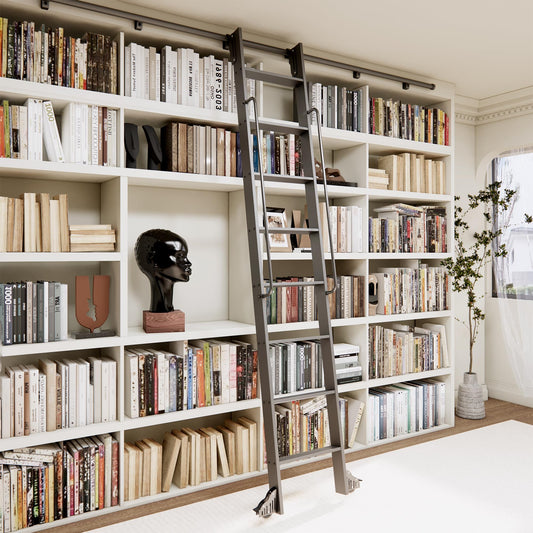 HARDJULAN 96" Telescopic Sliding Library Ladder with Handrail – Lightweight Aluminum Rolling Ladder with Braking Wheels, 4FT Hook Ladder Track Kit for Home, Loft, and Bookshelves
