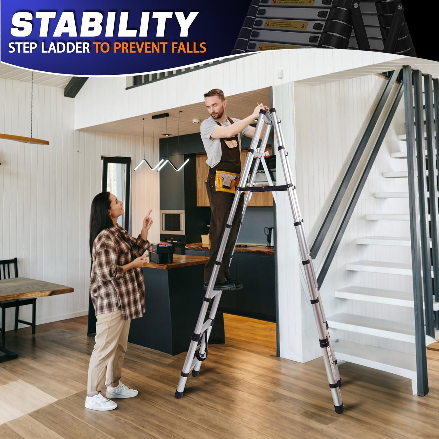 8.53 FT A-Frame Aluminium Telescoping Ladder,9+9 Step Ladder,330LB Load Capacity,Portable Telescopic Folding Extension Ladder Heavy Duty Collapsible (Sliver, 2.6m+2.6m/17FT A Frame)