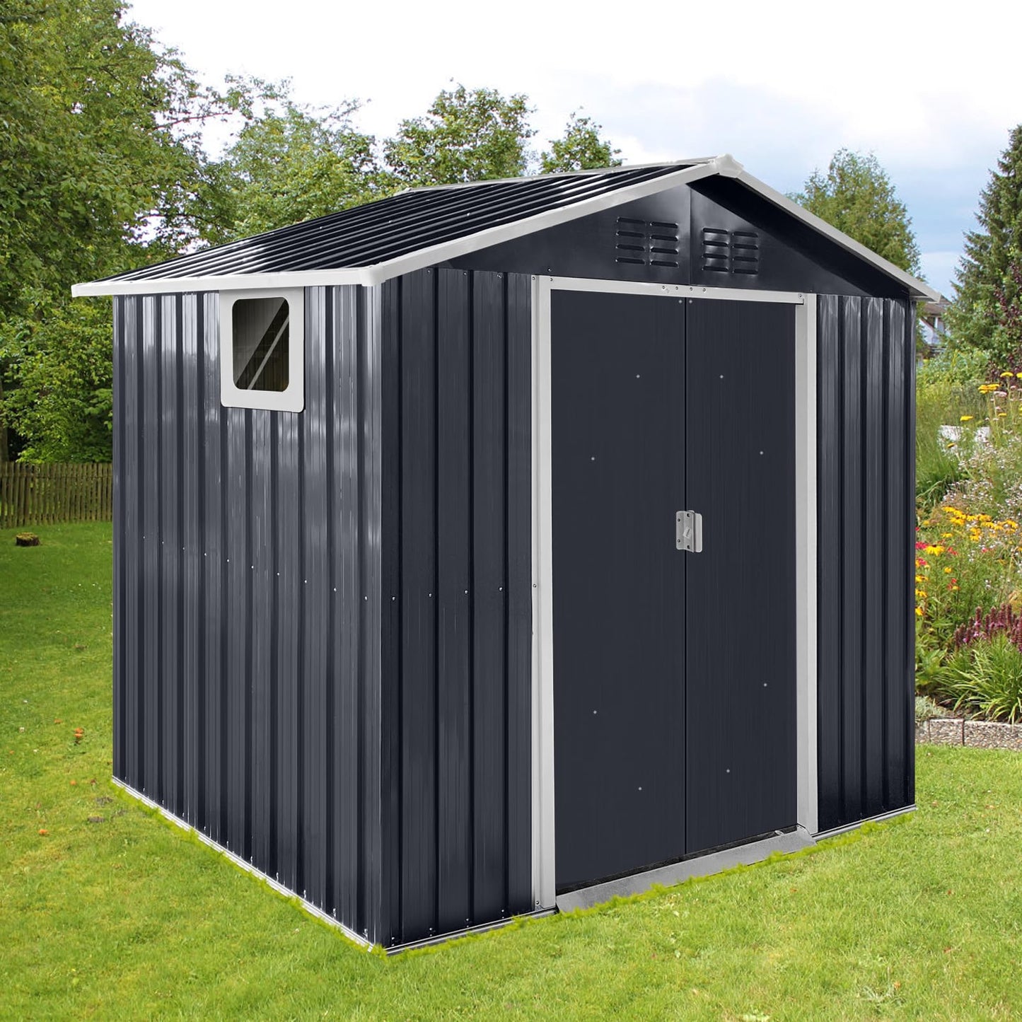 YOPTO 7x4.3 FT Metal Garden Sheds with Window,Outdoor Heavy-Duty Steel Storager Tool Shed W/Sliding Door and Punched Vents,Waterproof Building Organizer for Storing Motorcycle,Bicycles,Grey