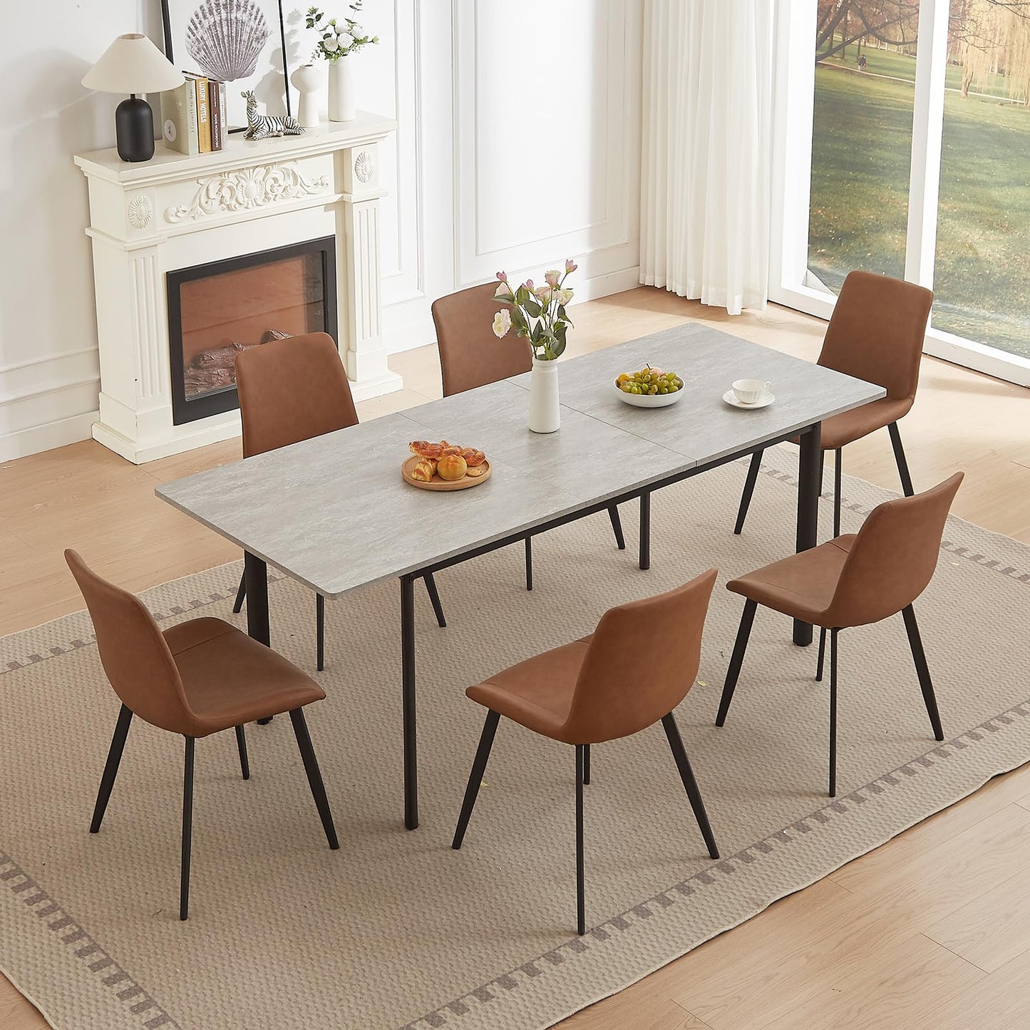 HIPIHOM 63"- 78.7" Extendable Dining Table with 6 Brown Dining Chairs, Modern Kitchen Table Set for 6, Thickened Expandable MDF Wooden Table with Metal Legs for Dining Room, Kitchen, Home