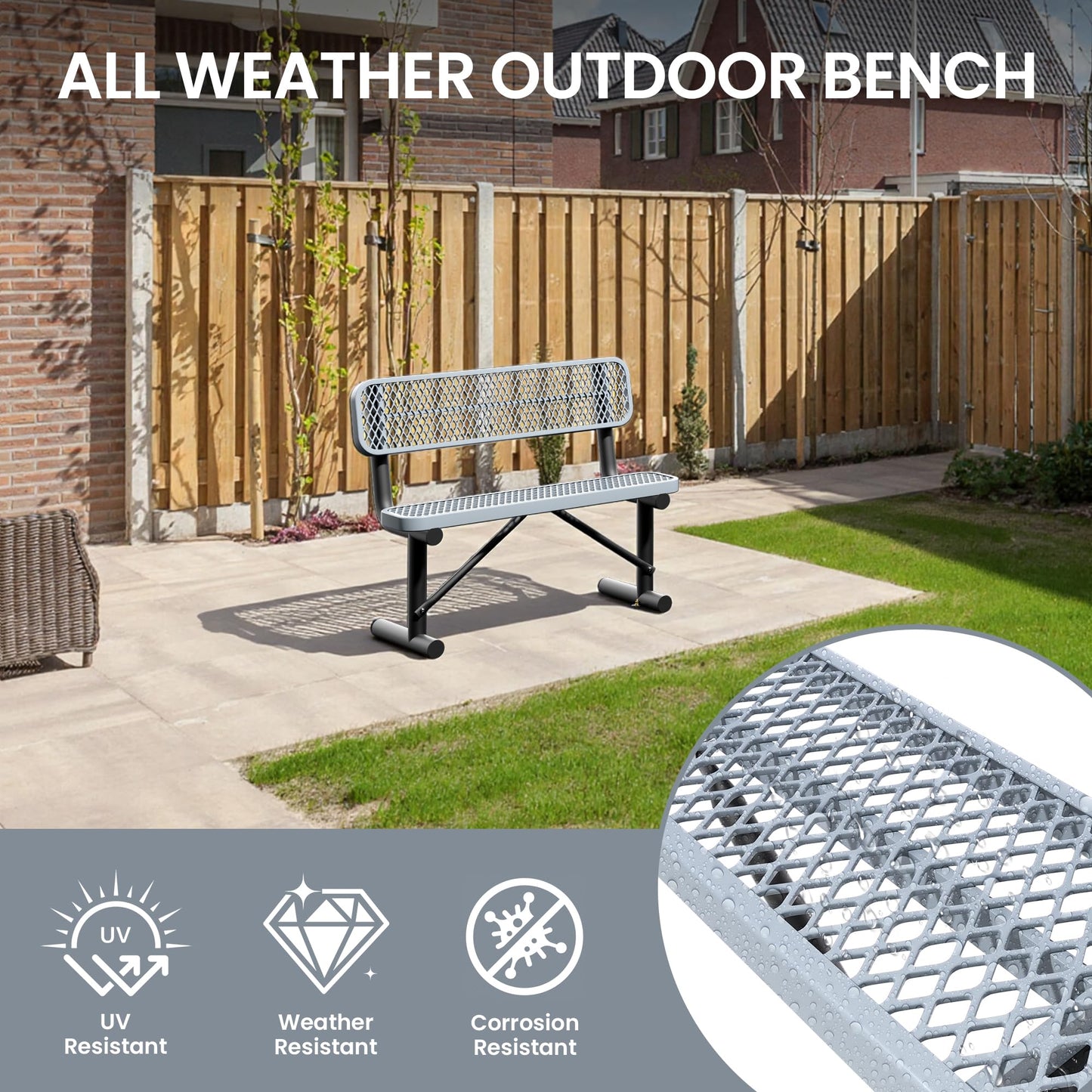 Sunnibety 4 Feet Steel Park Bench for Outside, Outdoor Bench with Backrest & Portable Frame, Commercial Benches for Shopping Malls, Stores, Parks, Patios, Decks, Grey