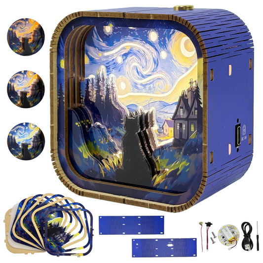 3D Wooden Puzzle Night Light DIY LED Art Lamp Kit for Adults Desk Decor Relaxing Craft Project Table Ornament and Unique Gift (Starry Cat)