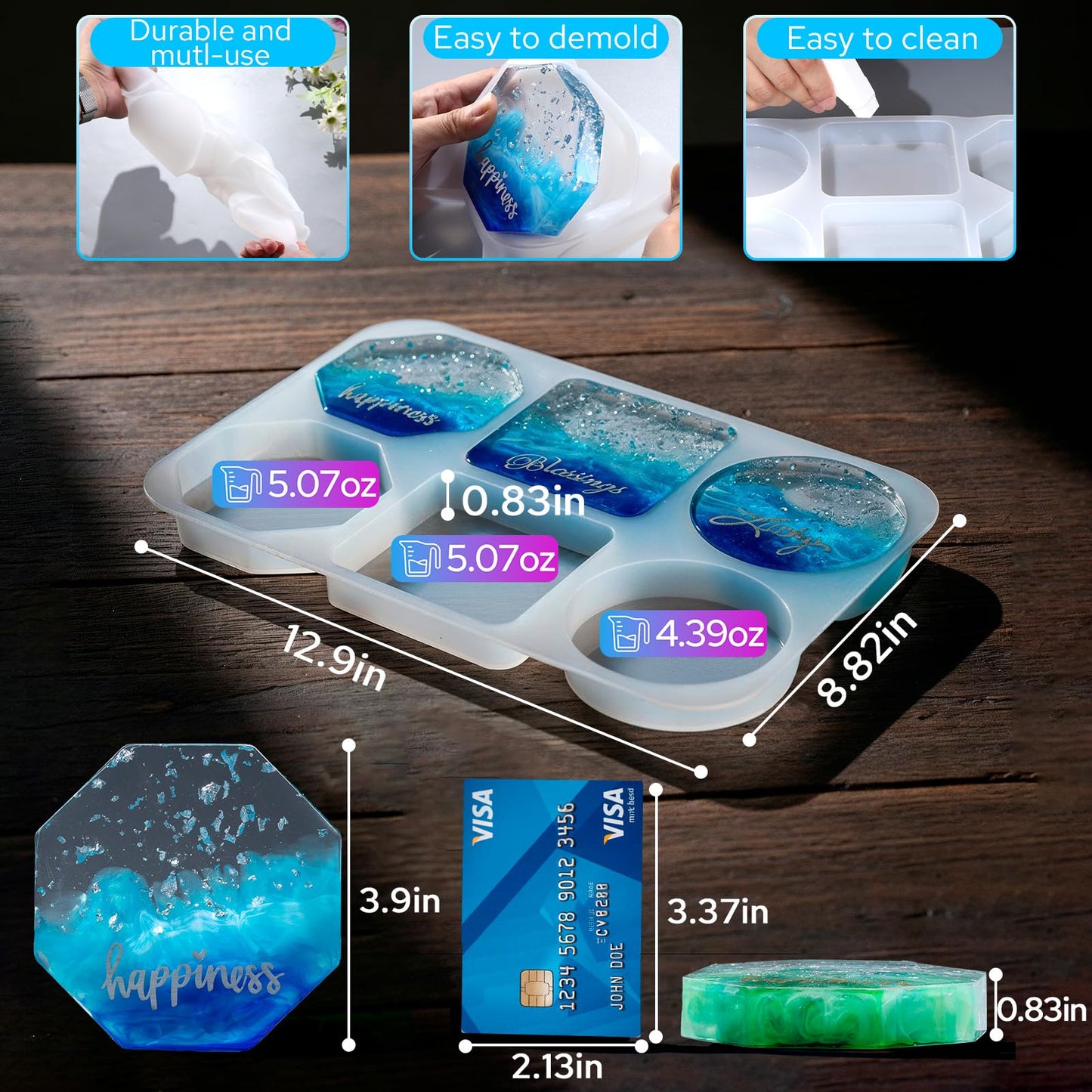 LET'S RESIN Extra Deep Coaster Resin Molds, 6 Cavity Round/Square/Octagon Shape Silicone Molds for Epoxy Resin, Flower Preservation, DIY Art Craft Cup Mats